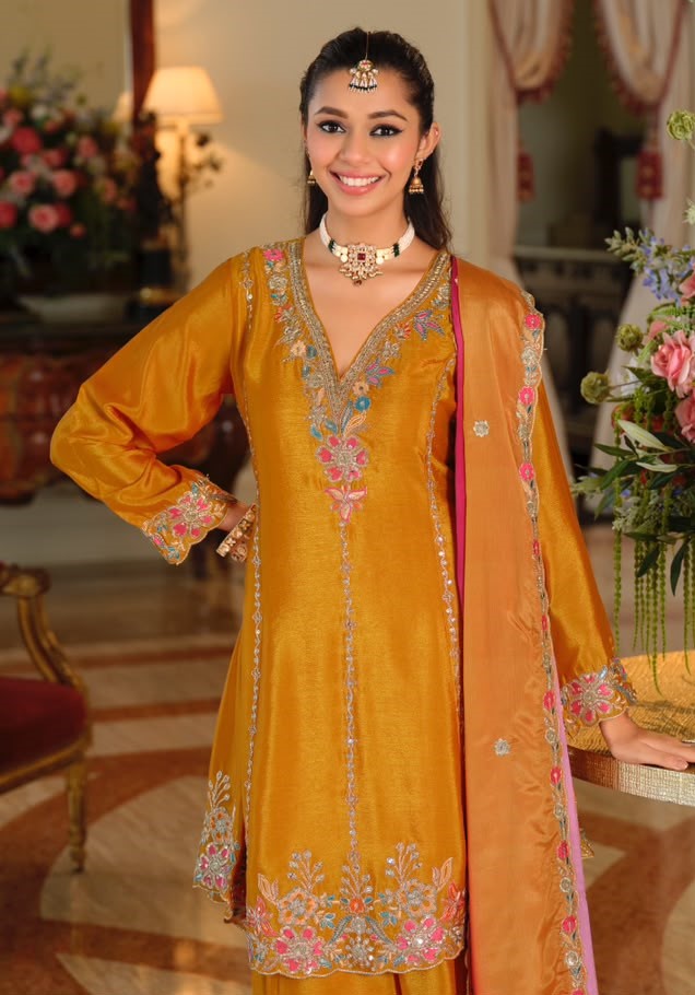 Orange Chinon Embroidered Palazzo Suit (Free Size Stitched)