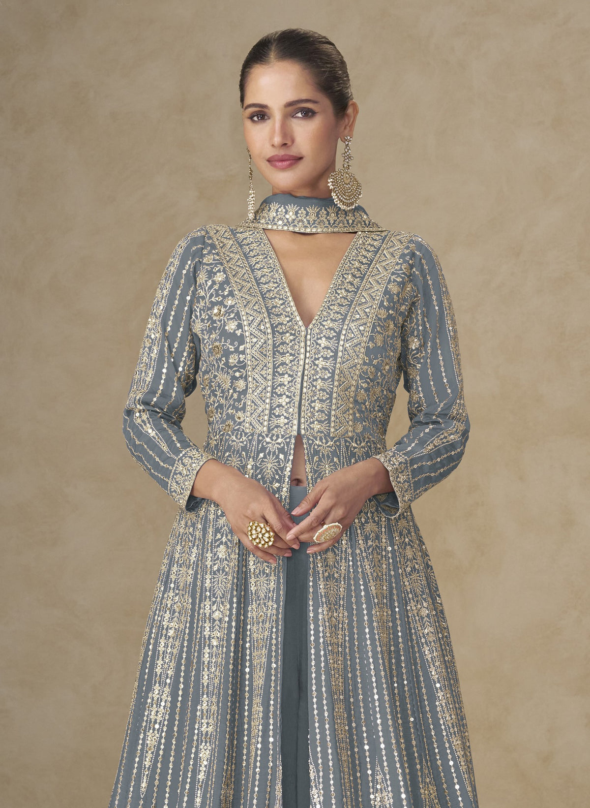 Gray Chinon Embroidered Designer Suit (Free Size Stitched)