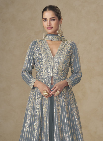Gray Chinon Embroidered Designer Suit (Free Size Stitched)