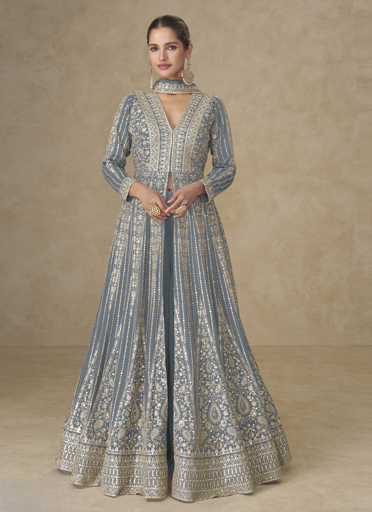 Gray Chinon Embroidered Designer Suit (Free Size Stitched)