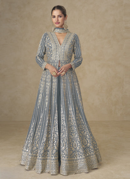 Gray Chinon Embroidered Designer Suit (Free Size Stitched)