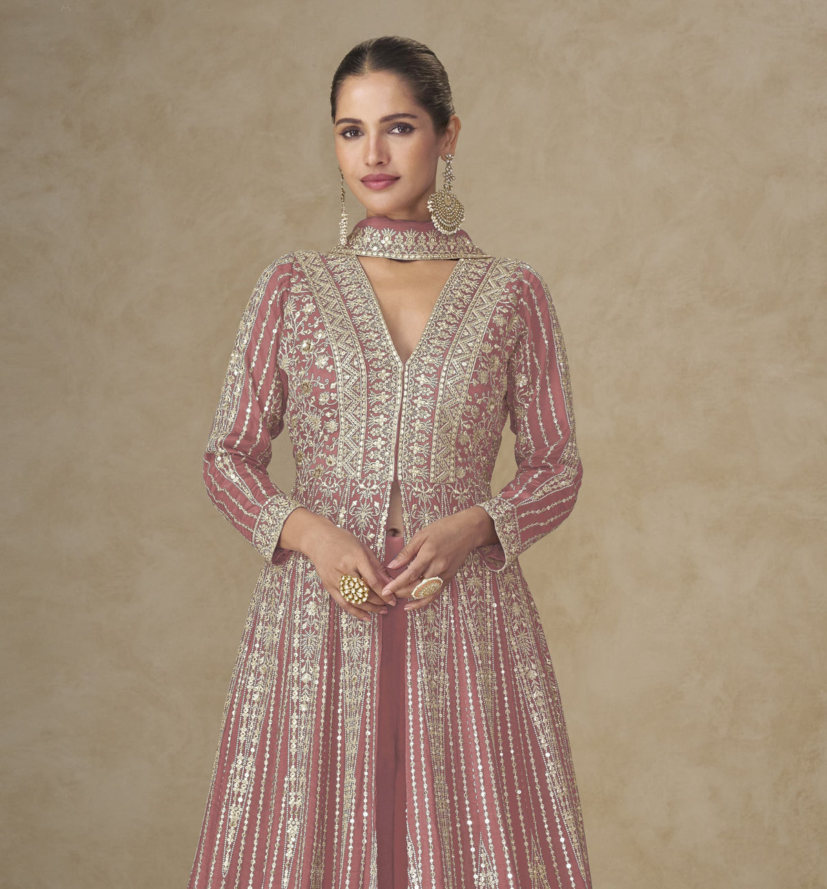 Peach Chinon Embroidered Designer Suit (Free Size Stitched)