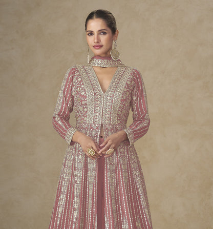 Peach Chinon Embroidered Designer Suit (Free Size Stitched)