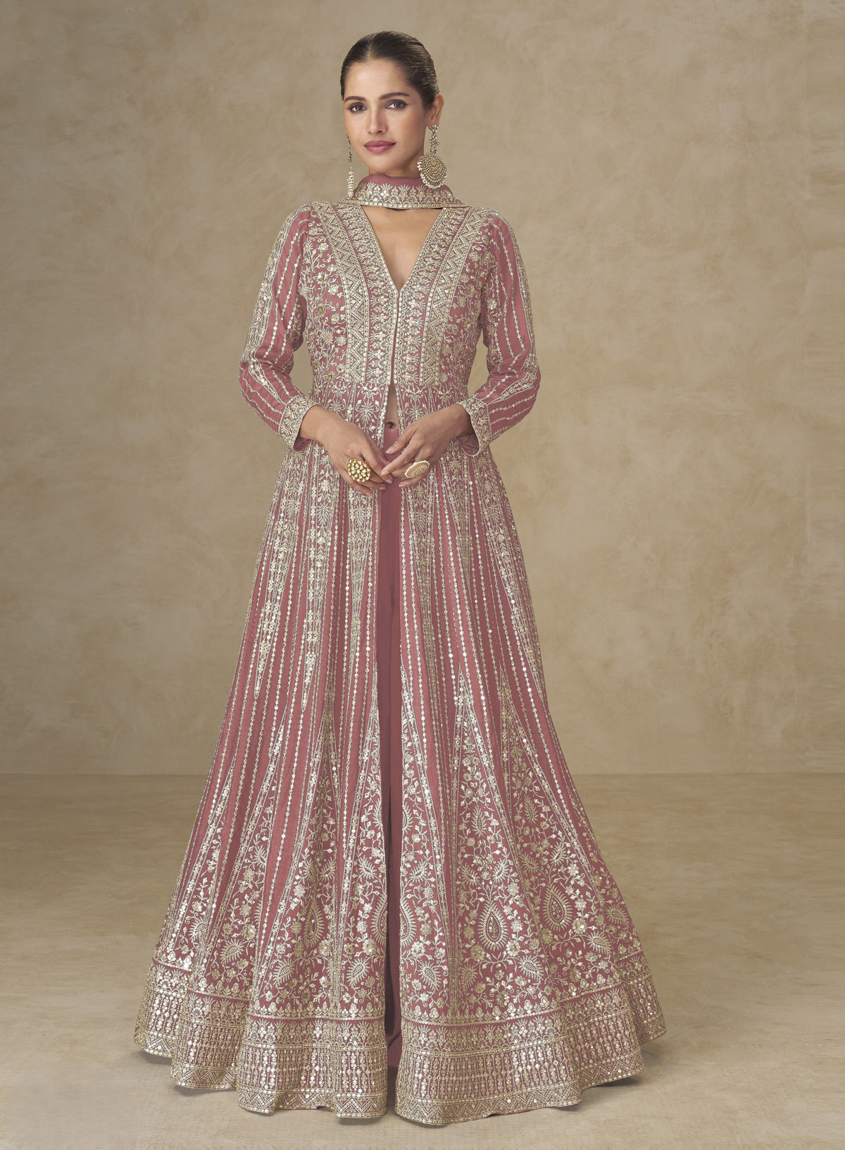Peach Chinon Embroidered Designer Suit (Free Size Stitched)