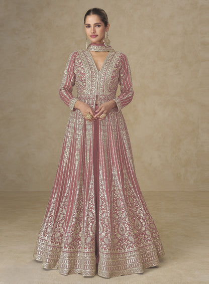 Peach Chinon Embroidered Designer Suit (Free Size Stitched)