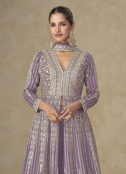 Lavender Chinon Embroidered Designer Suit (Free Size Stitched)