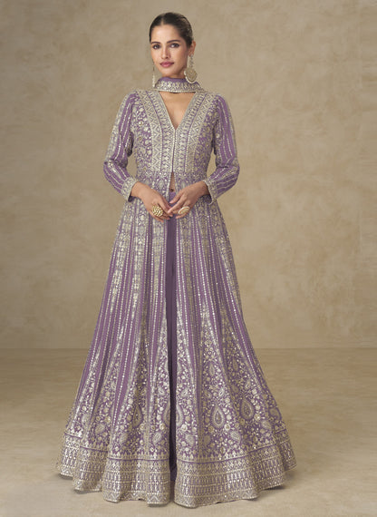 Lavender Chinon Embroidered Designer Suit (Free Size Stitched)