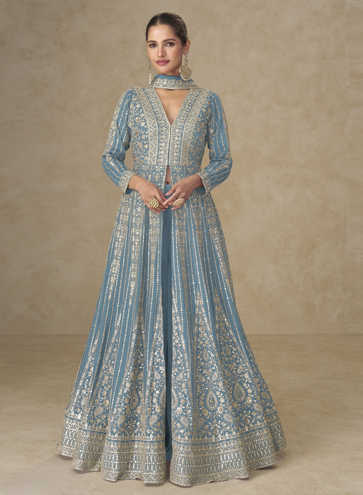 Blue Chinon Embroidered Designer Suit (Free Size Stitched)