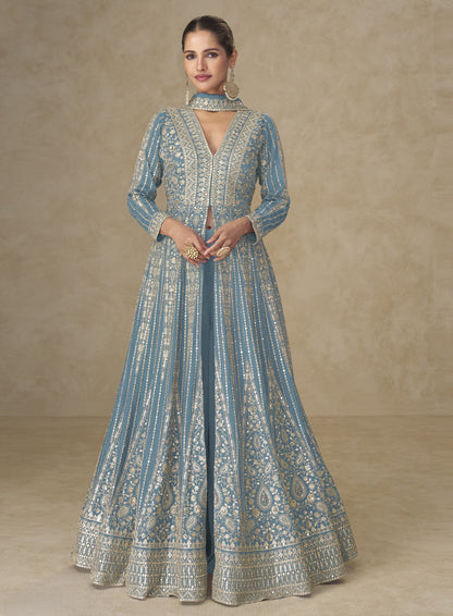 Blue Chinon Embroidered Designer Suit (Free Size Stitched)