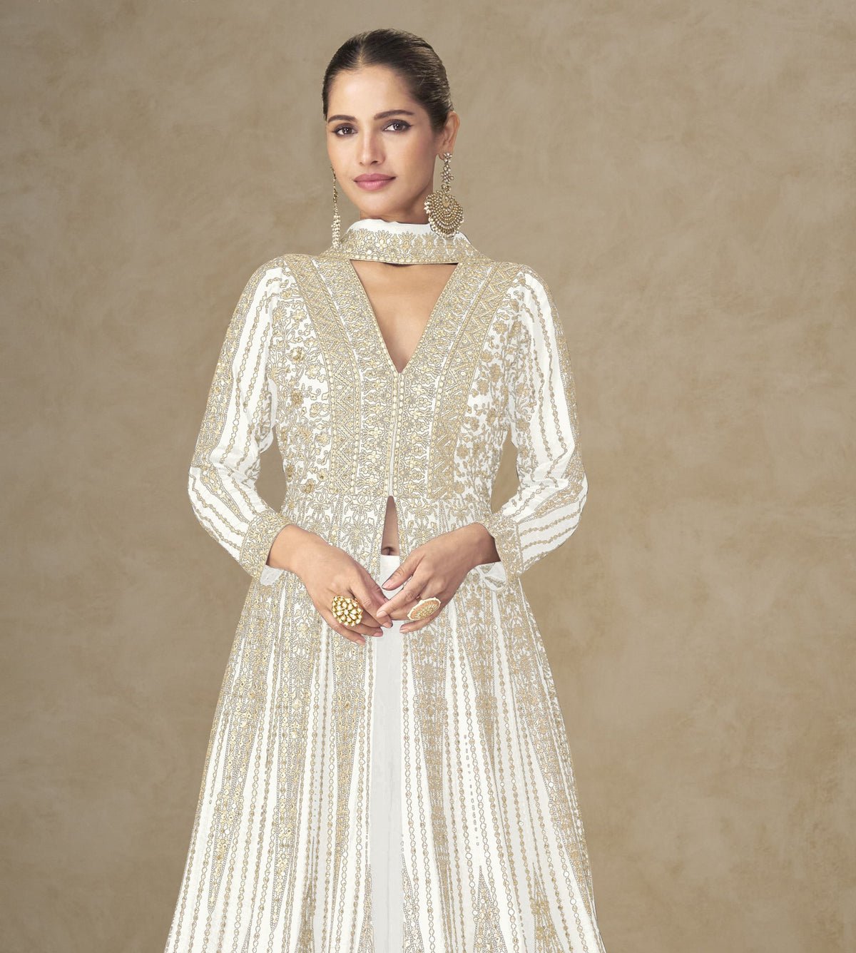 White Chinon Embroidered Designer Suit (Free Size Stitched)