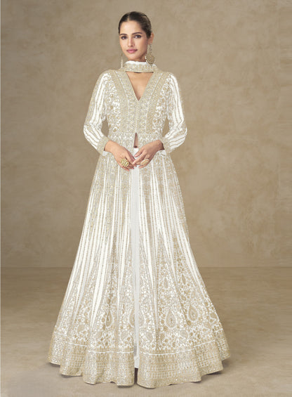 White Chinon Embroidered Designer Suit (Free Size Stitched)