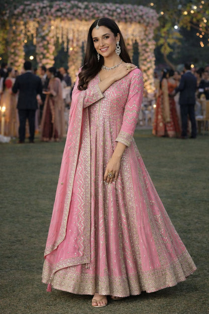 Pink Chinon Embroidered Anarkali Suit (Free Size Stitched)