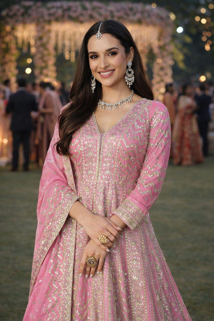 Pink Chinon Embroidered Anarkali Suit (Free Size Stitched)