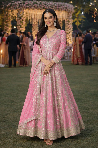 Pink Chinon Embroidered Anarkali Suit (Free Size Stitched)