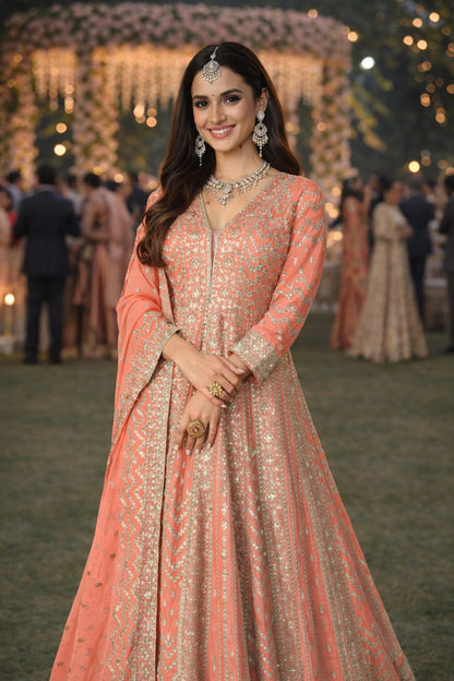 Peach Chinon Embroidered Anarkali Suit (Free Size Stitched)