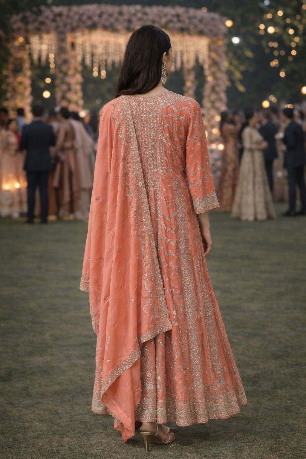 Peach Chinon Embroidered Anarkali Suit (Free Size Stitched)