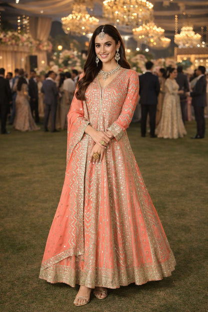 Peach Chinon Embroidered Anarkali Suit (Free Size Stitched)