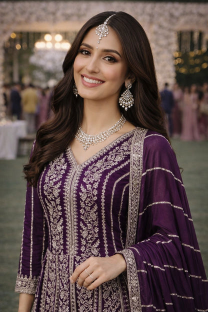 Purple Chinon Embroidered Anarkali Suit (Free Size Stitched)