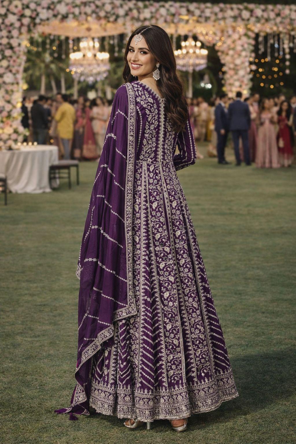 Purple Chinon Embroidered Anarkali Suit (Free Size Stitched)