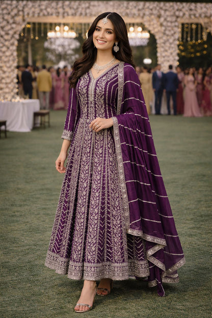 Purple Chinon Embroidered Anarkali Suit (Free Size Stitched)
