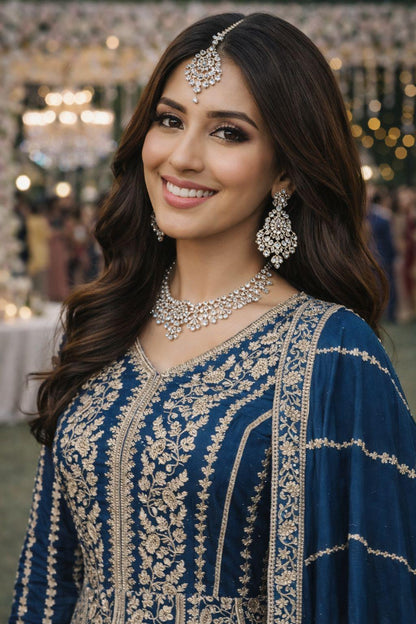 Blue Chinon Embroidered Anarkali Suit (Free Size Stitched)