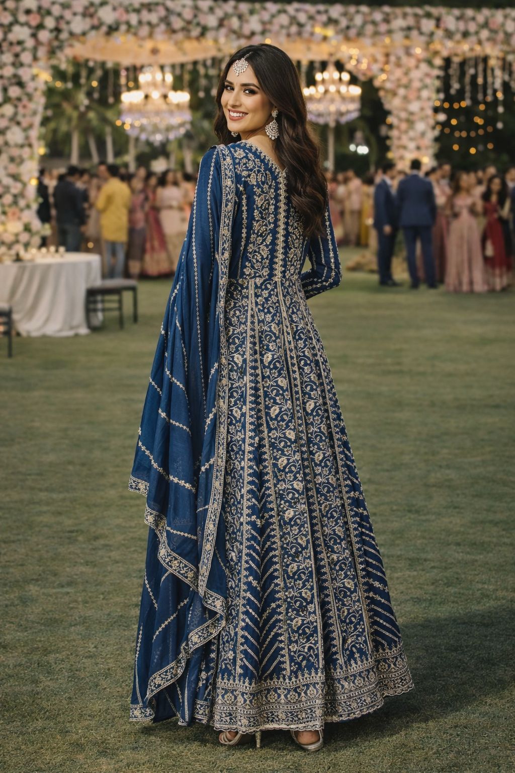 Blue Chinon Embroidered Anarkali Suit (Free Size Stitched)