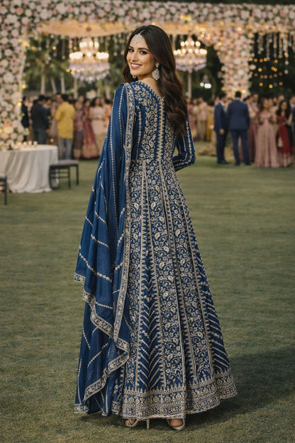 Blue Chinon Embroidered Anarkali Suit (Free Size Stitched)