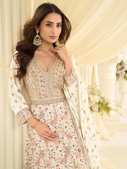Off-White Georgette Embroidered Anarkali Suit (Free Size Stitched)