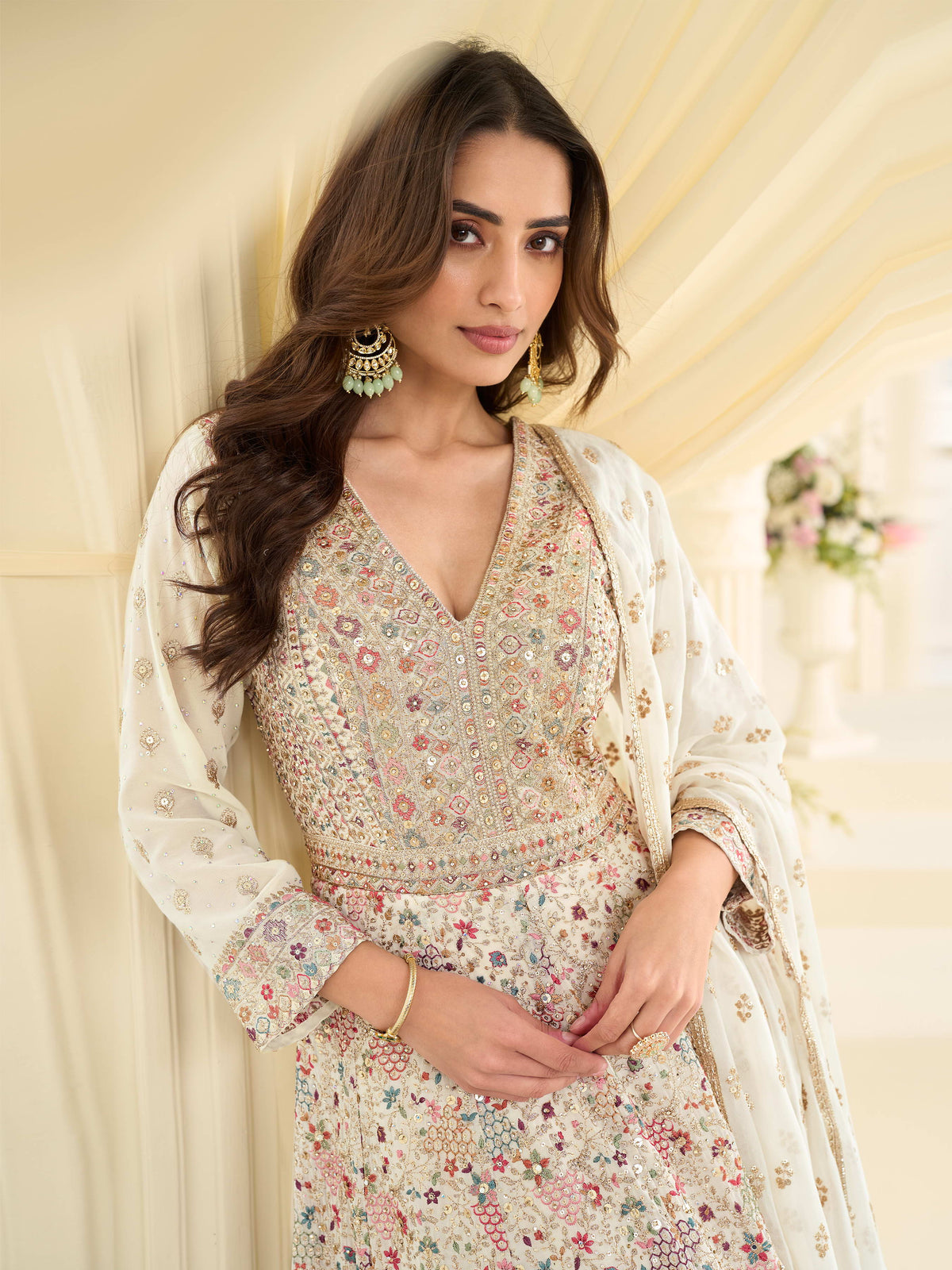 Off-White Georgette Embroidered Anarkali Suit (Free Size Stitched)