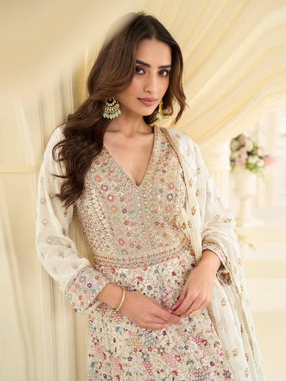 Off-White Georgette Embroidered Anarkali Suit (Free Size Stitched)