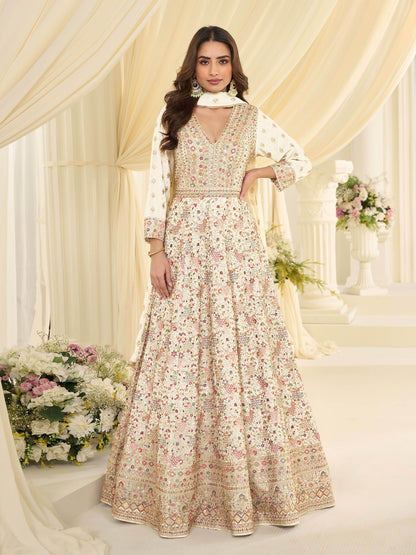 Off-White Georgette Embroidered Anarkali Suit (Free Size Stitched)