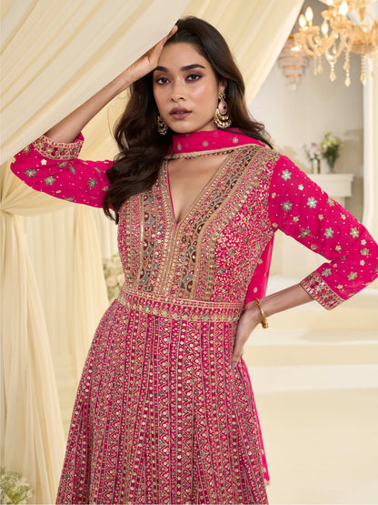 Pink Georgette Embroidered Anarkali Suit (Free Size Stitched)