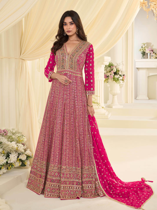 Pink Georgette Embroidered Anarkali Suit (Free Size Stitched)