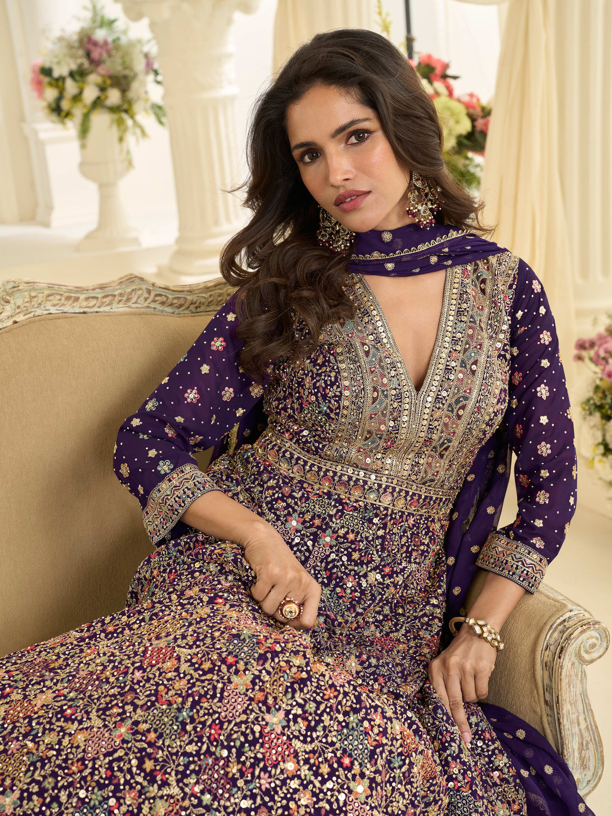 Purple Georgette Embroidered Anarkali Suit (Free Size Stitched)