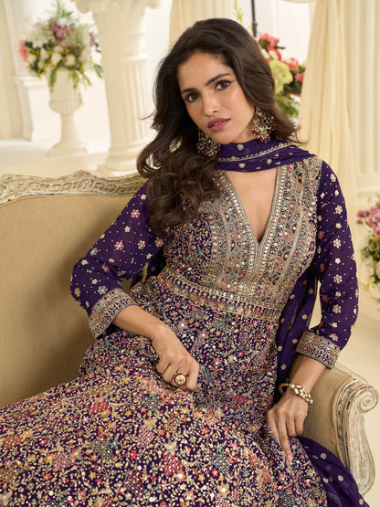 Purple Georgette Embroidered Anarkali Suit (Free Size Stitched)
