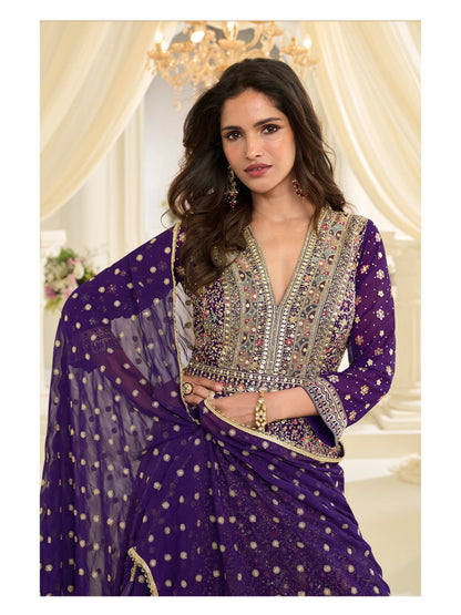 Purple Georgette Embroidered Anarkali Suit (Free Size Stitched)