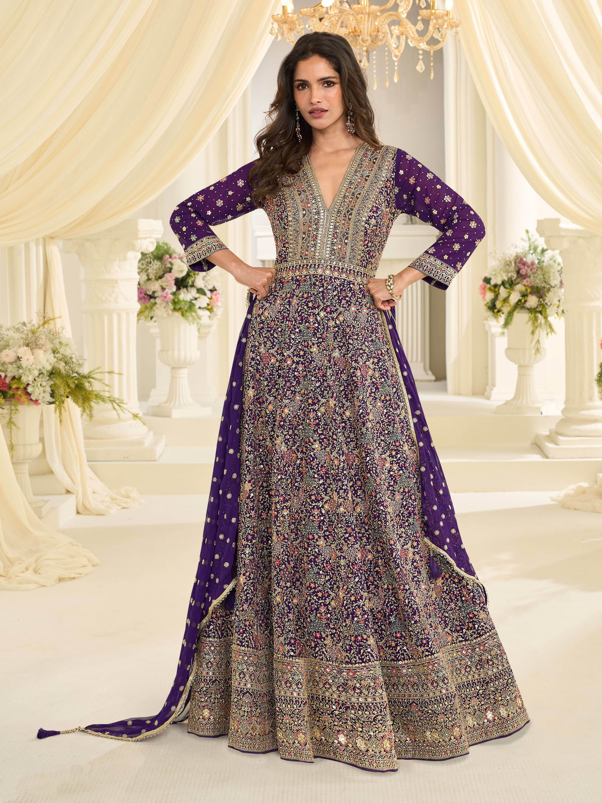 Purple Georgette Embroidered Anarkali Suit (Free Size Stitched)