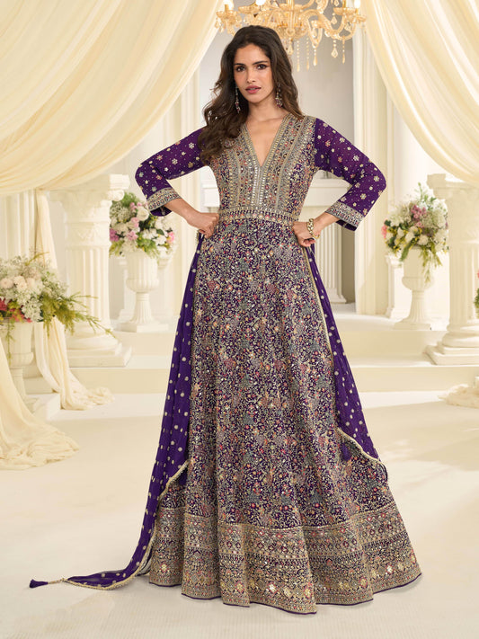 Purple Georgette Embroidered Anarkali Suit (Free Size Stitched)