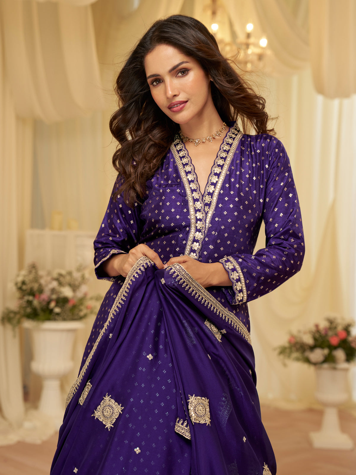 Purple Viscose Jacquard Embroidered Anarkali Suit (Free Size Stitched)