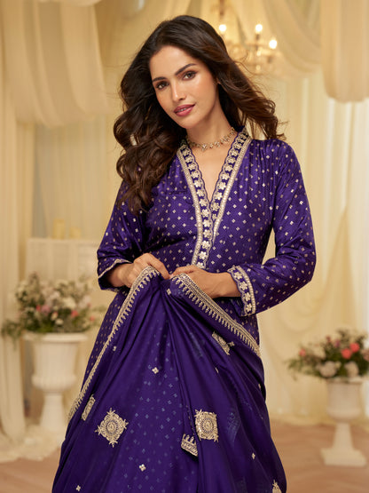 Purple Viscose Jacquard Embroidered Anarkali Suit (Free Size Stitched)