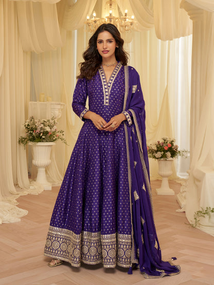 Purple Viscose Jacquard Embroidered Anarkali Suit (Free Size Stitched)