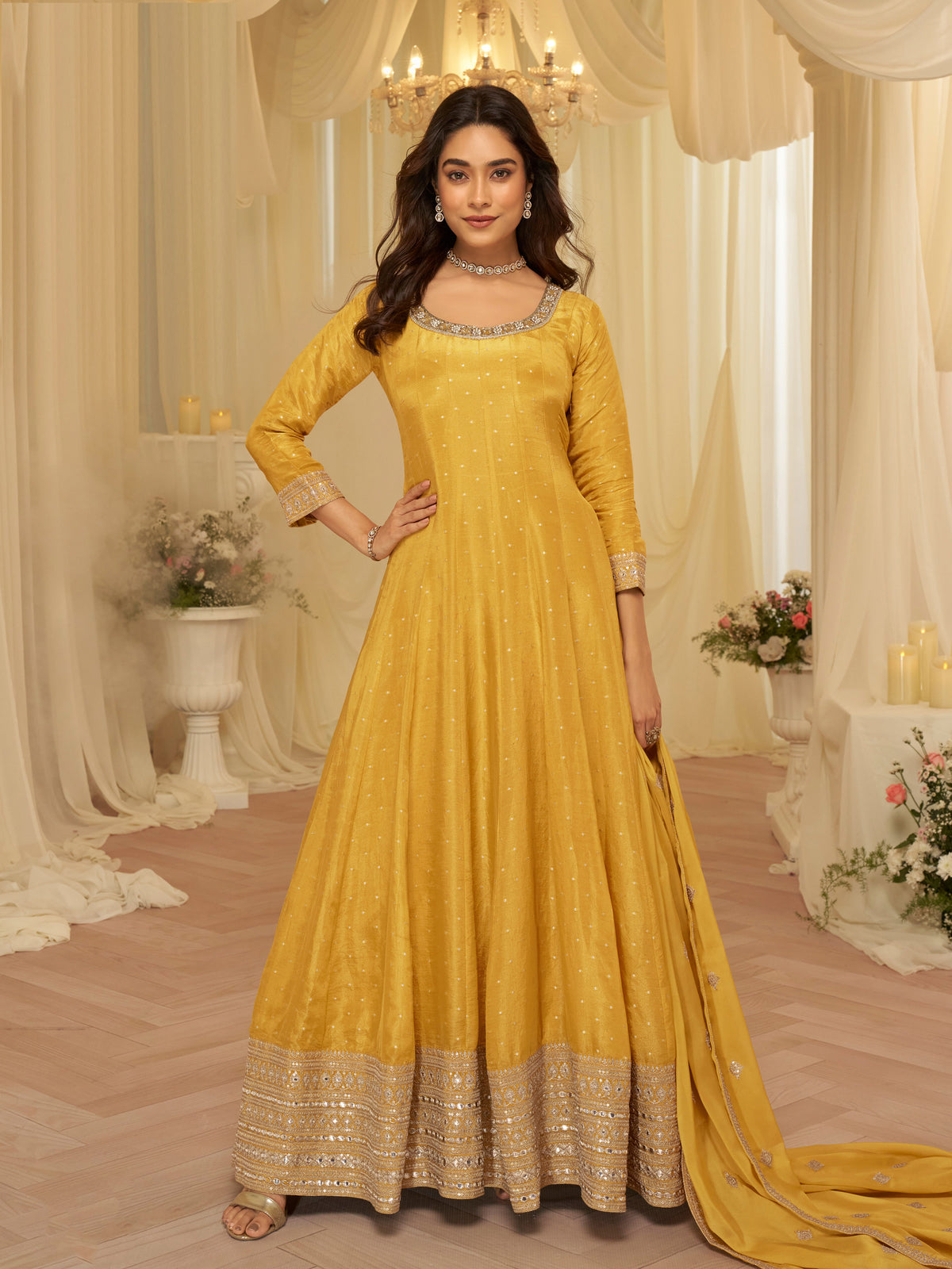 Yellow Viscose Jacquard Embroidered Anarkali Suit (Free Size Stitched)