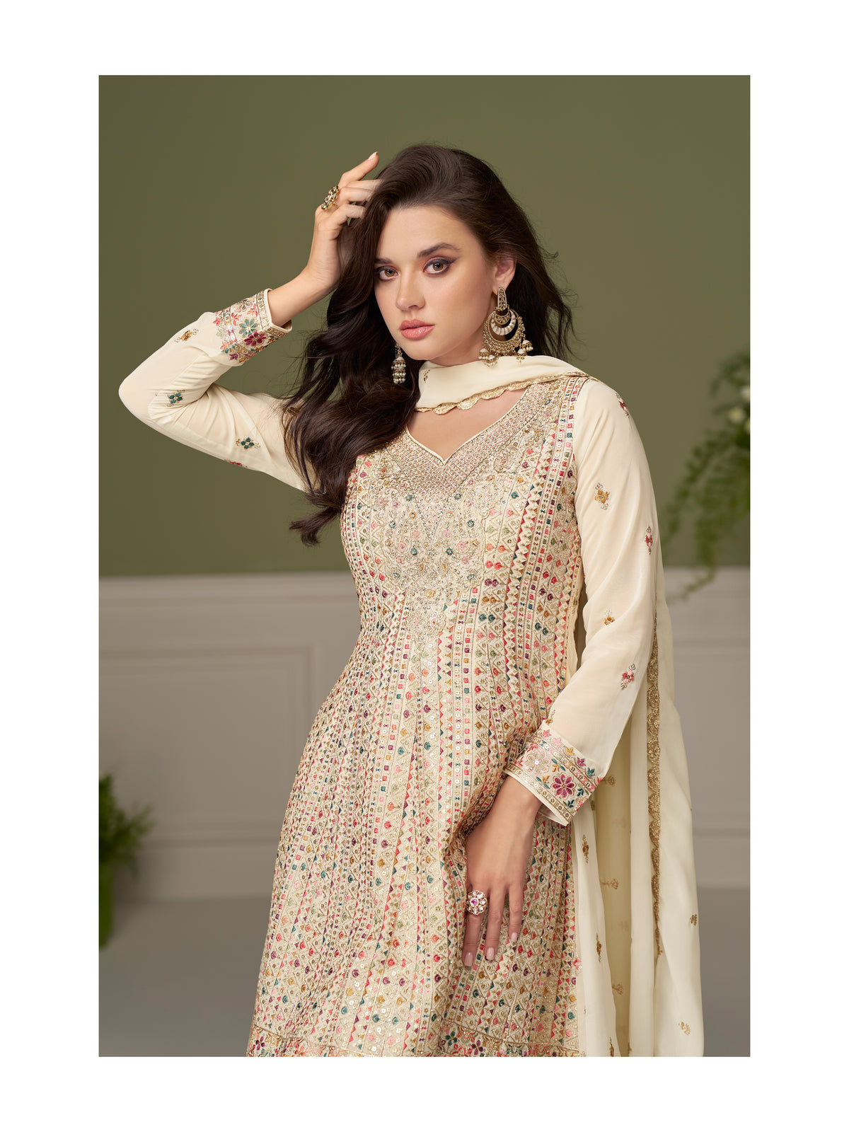 Off White Georgette Embroidered Sharara Suit (Free Size Stitched)