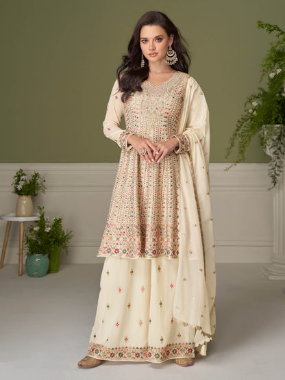 Off White Georgette Embroidered Sharara Suit (Free Size Stitched)