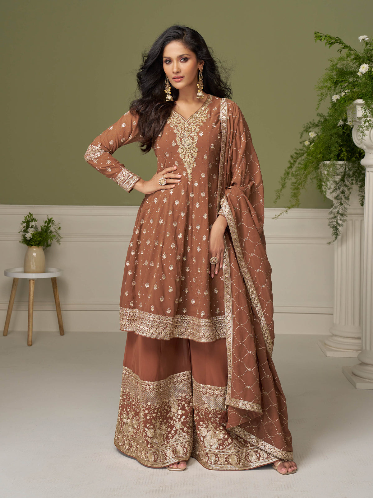 Brown Georgette Embroidered Sharara Suit (Free Size Stitched)