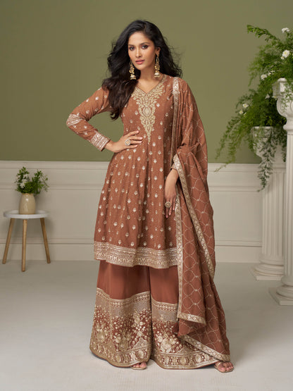 Brown Georgette Embroidered Sharara Suit (Free Size Stitched)