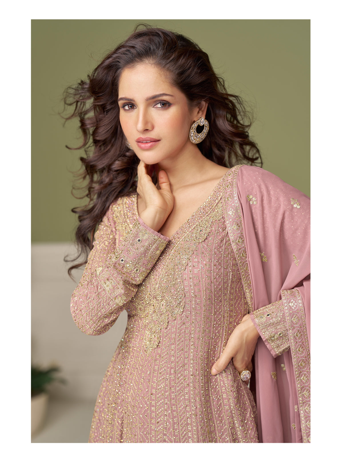 Pink Georgette Embroidered Sharara Suit (Free Size Stitched)