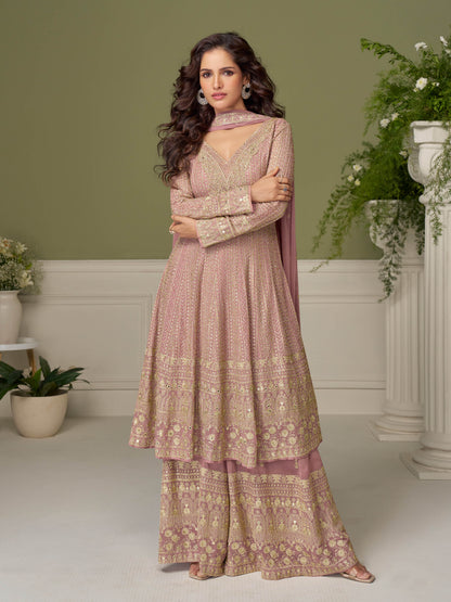 Pink Georgette Embroidered Sharara Suit (Free Size Stitched)