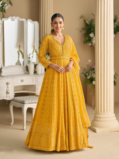 Yellow Georgette Embroidered Anarkali Suit (Free Size Stitched)