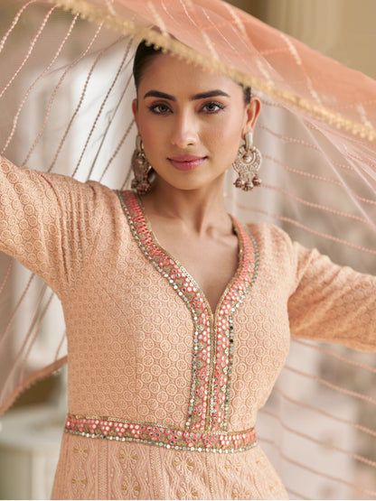 Peach Georgette Embroidered Anarkali Suit (Free Size Stitched)